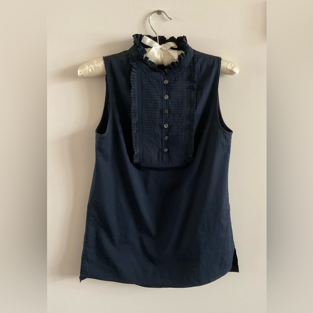 J. Crew Navy Ruffled Bib Sleeveless Blouse